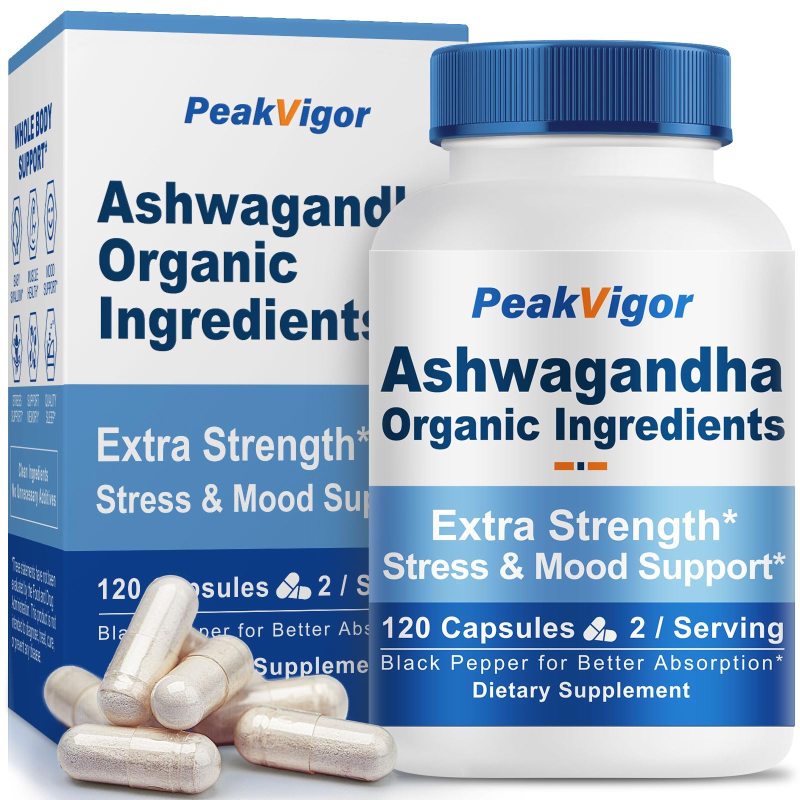 PeakVigor Ashwagandha bottle close-up for daily stress support