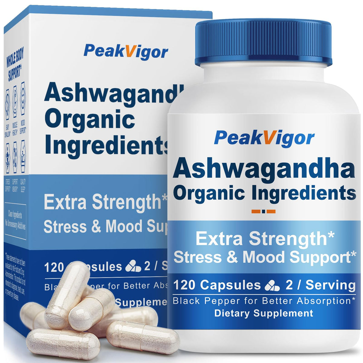 PeakVigor Ashwagandha bottle close-up for daily stress support