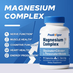PeakVigor bottle label displays ingredients for four magnesium forms.