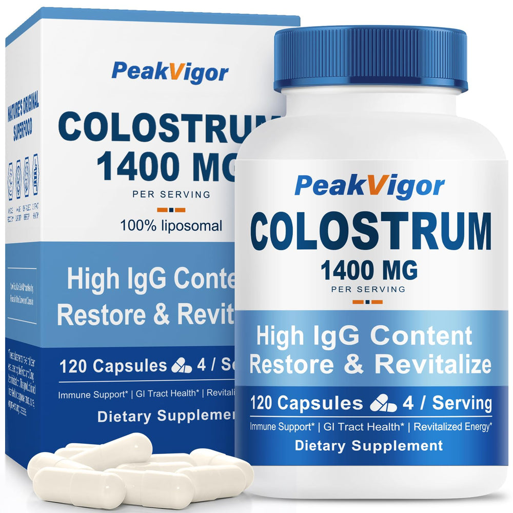 PeakVigor Bovine Colostrum Capsules bottle front showing label for immune support.