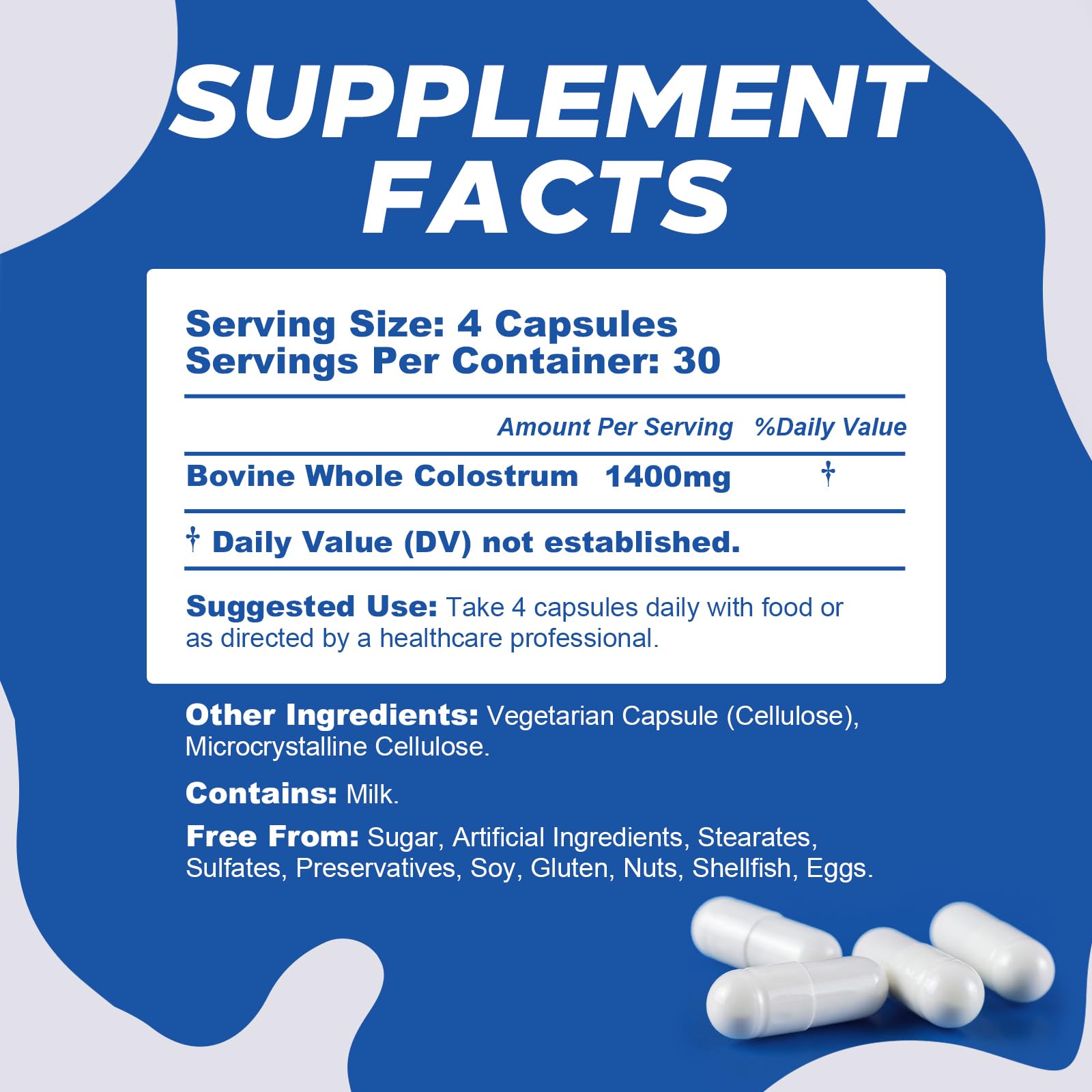 PeakVigor Bovine Colostrum Capsules bottle label close-up highlighting purity and non-GMO promise.