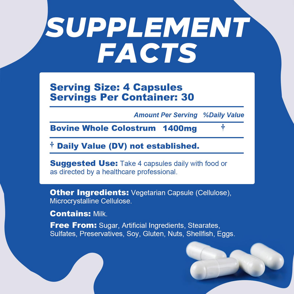 PeakVigor Bovine Colostrum Capsules bottle label close-up highlighting purity and non-GMO promise.