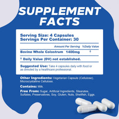 PeakVigor Bovine Colostrum Capsules bottle label close-up highlighting purity and non-GMO promise.