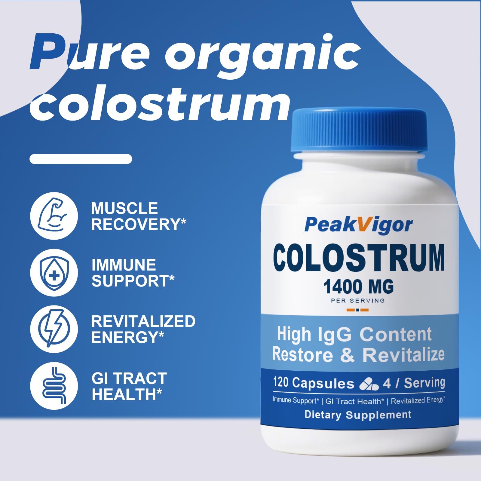 PeakVigor Bovine Colostrum Capsules close-up of capsules signals additive-free formula.