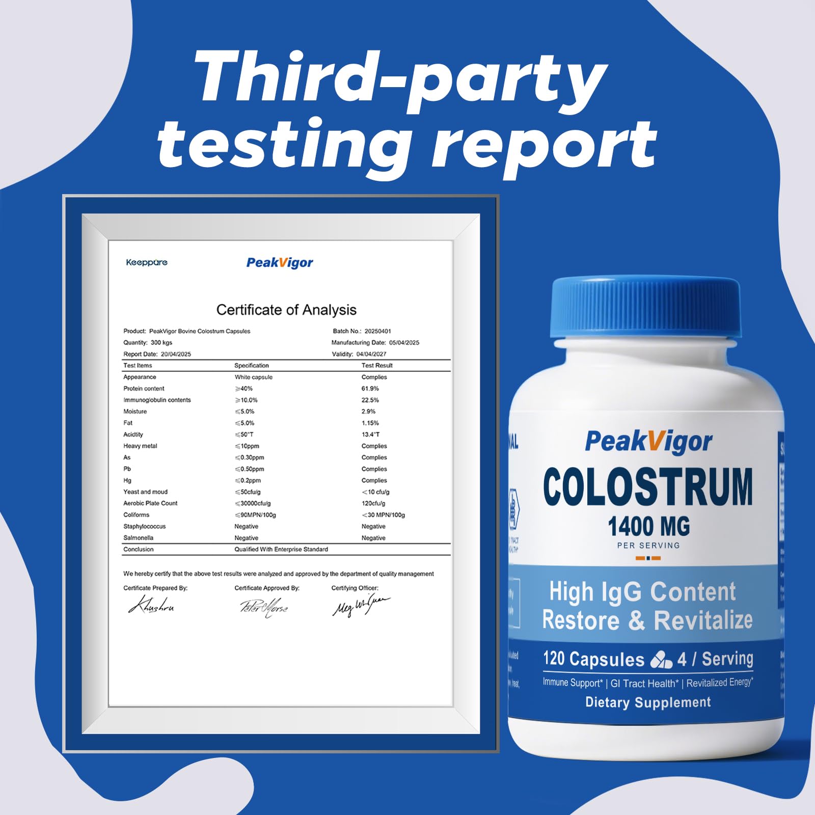 PeakVigor Bovine Colostrum Capsules pouring scene suggests easy daily use for gut health.