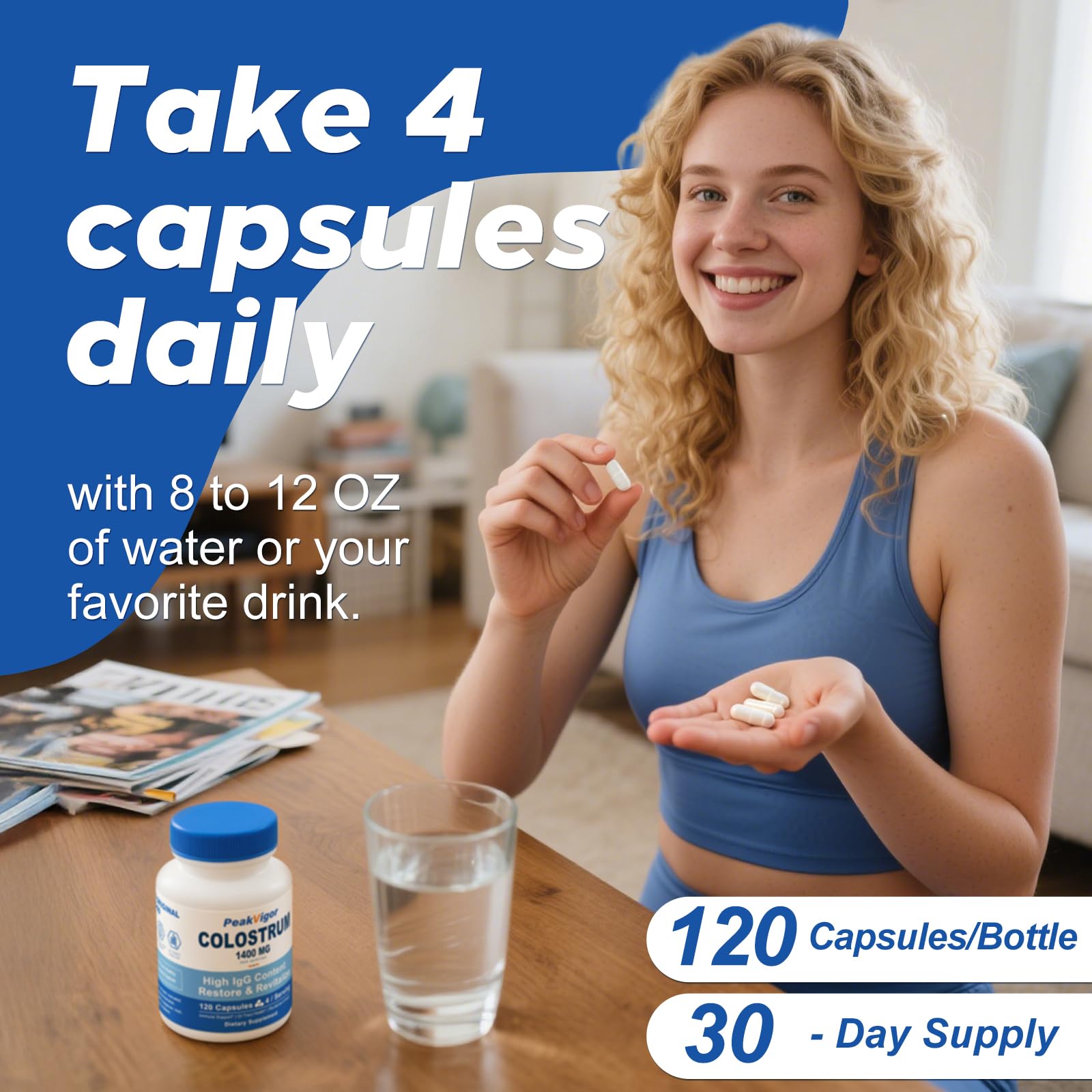 PeakVigor Bovine Colostrum Capsules stored in sturdy container for daily use.