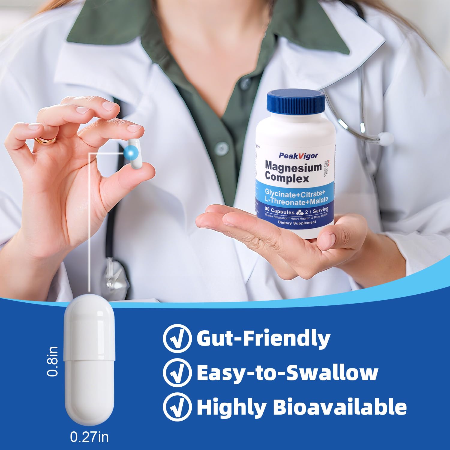 PeakVigor vegan capsules rest in a clear bottle with plant cellulose shell.