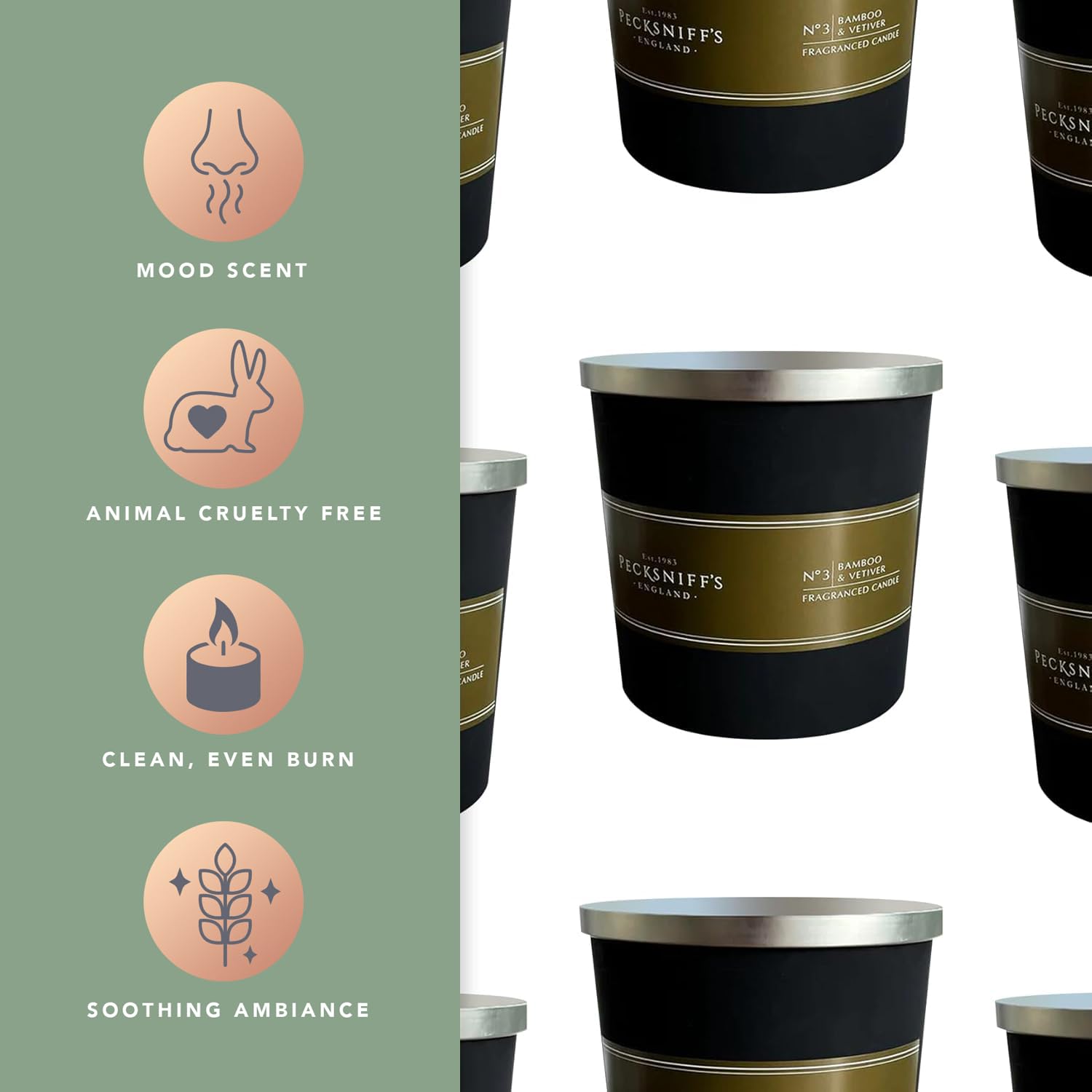 Pecksniff's Black Tall Bamboo Vetiver candle dimensions 4in by 3in for shelves