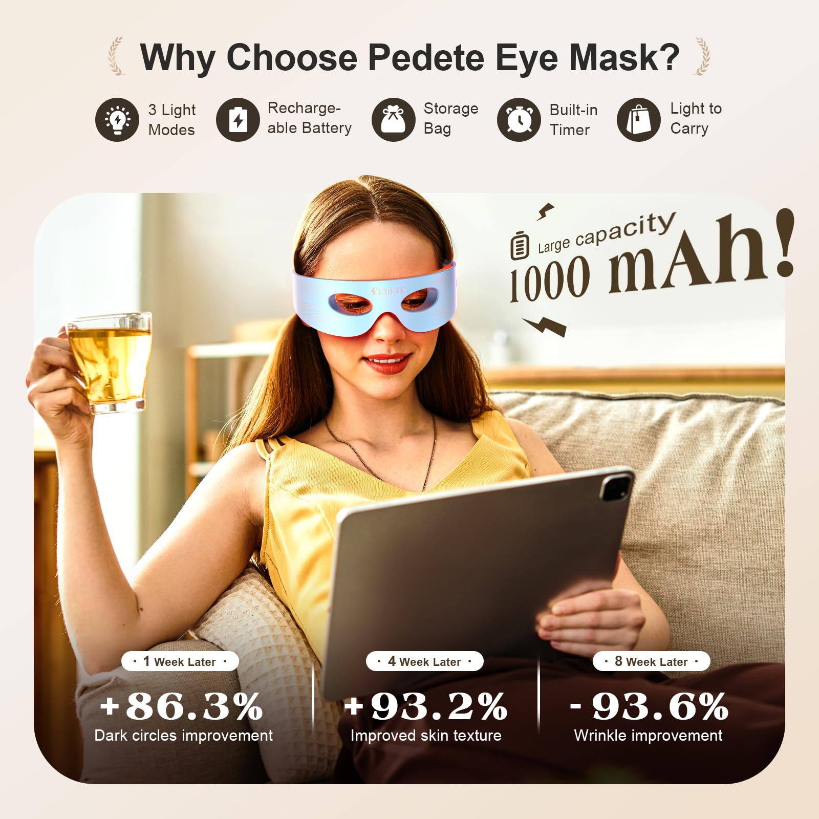 Pedete eye mask soft silicone touch offers gentle comfort.