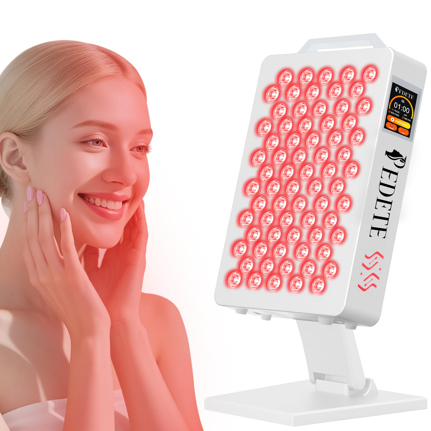 Pedete red light panel close-up with dual-chip LEDs for skincare sessions.