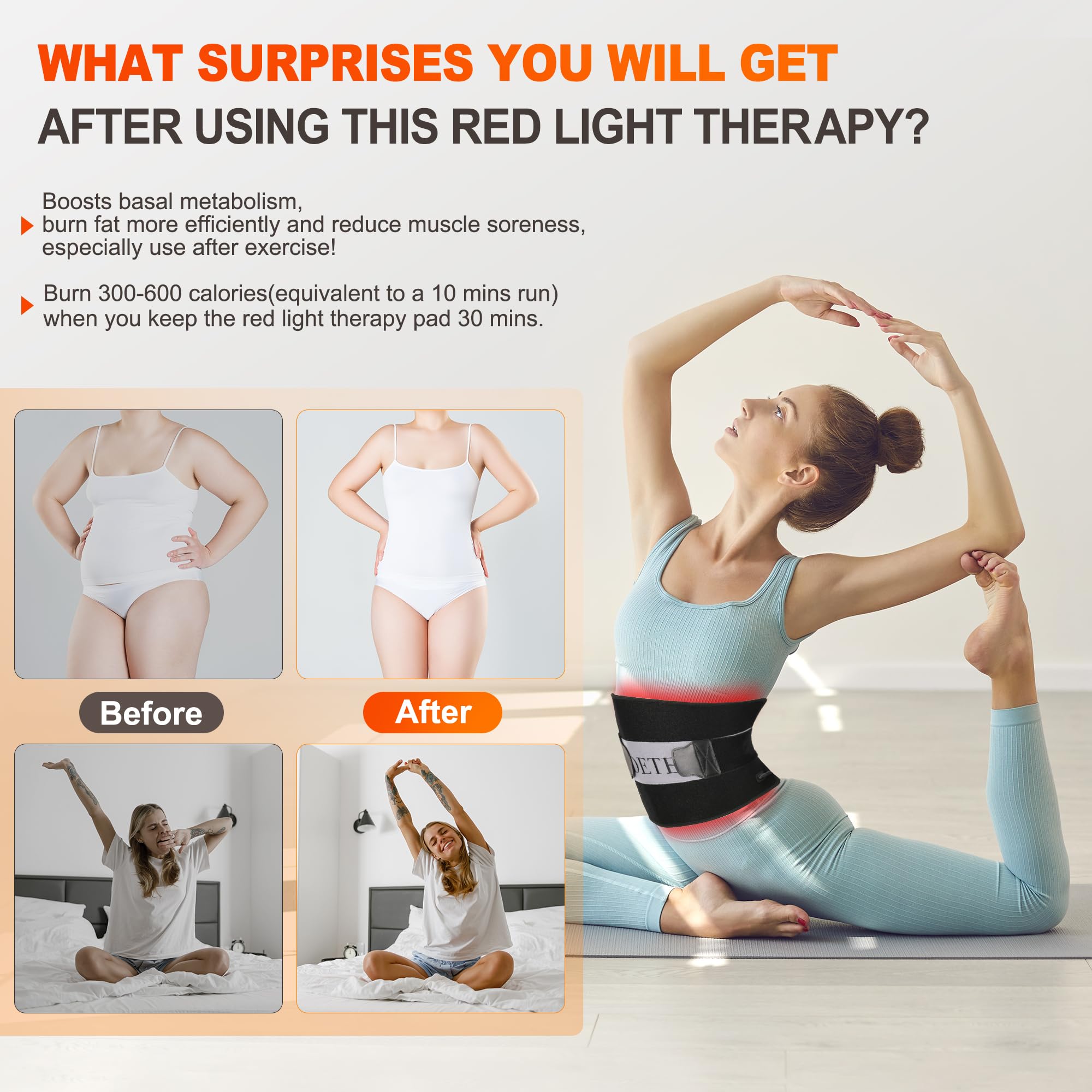 Pedete red light therapy pad on back demonstrates large-area coverage.