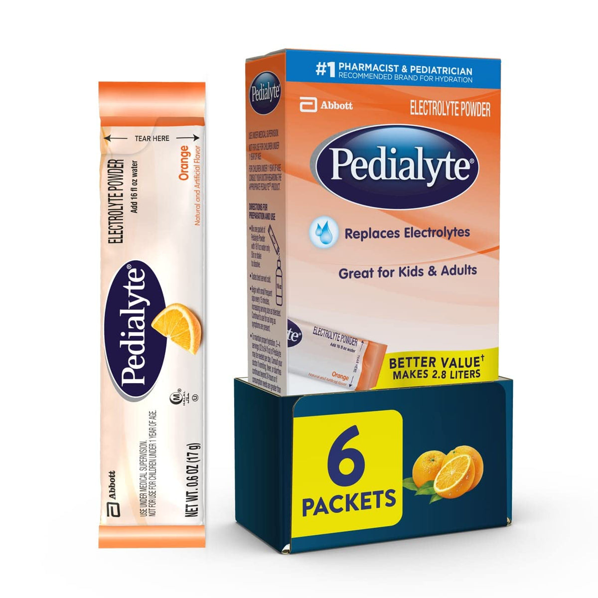 Pedialyte electrolyte powder pouch front view for quick hydration