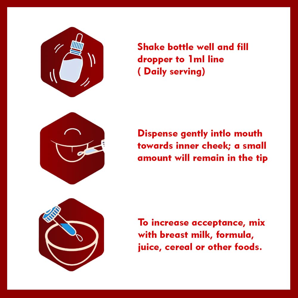 Pediatric FE-Vite Drops bottle with glass highlights natural fruit flavor.