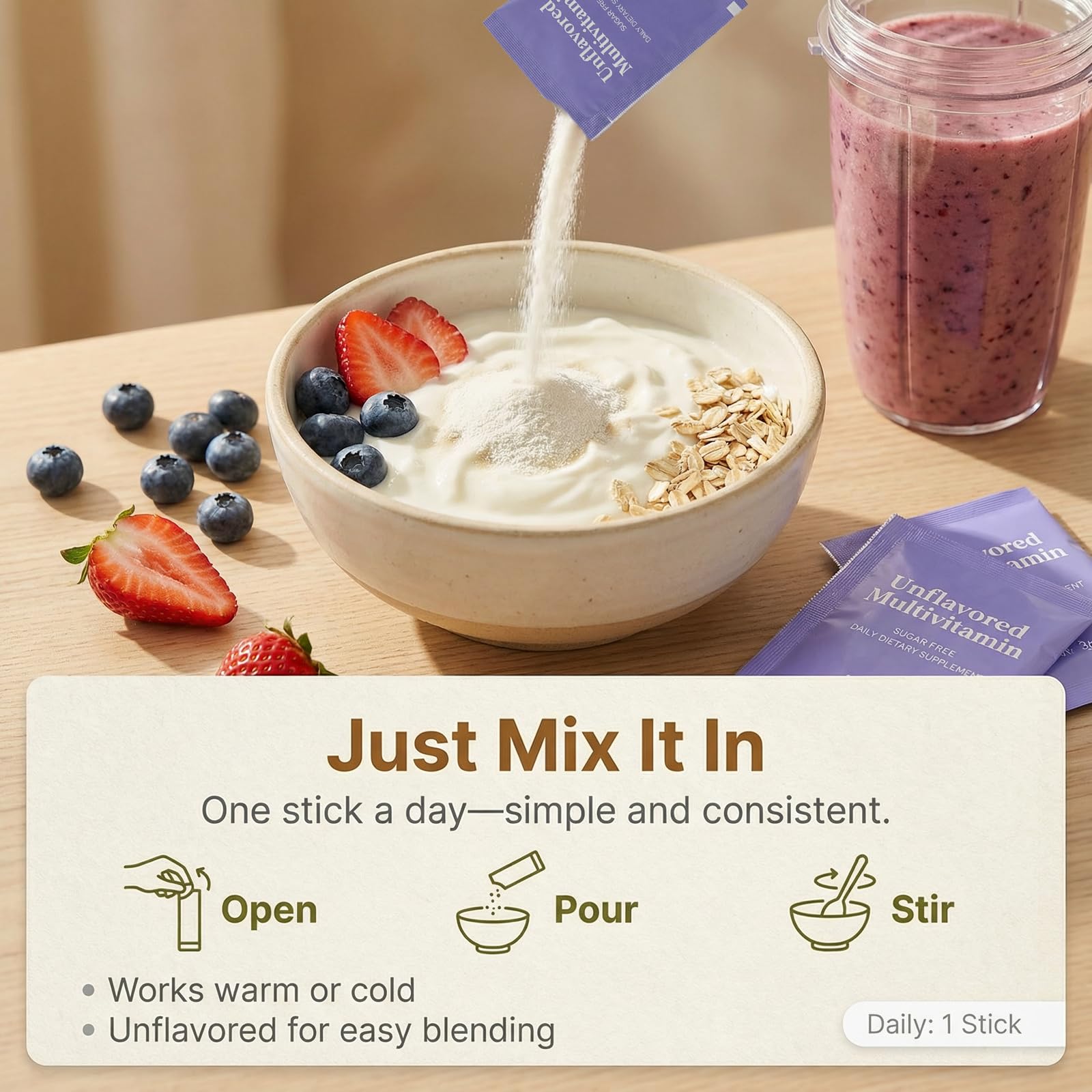 Peehss Vitamin Powder mixing into yogurt or oatmeal with no strong taste