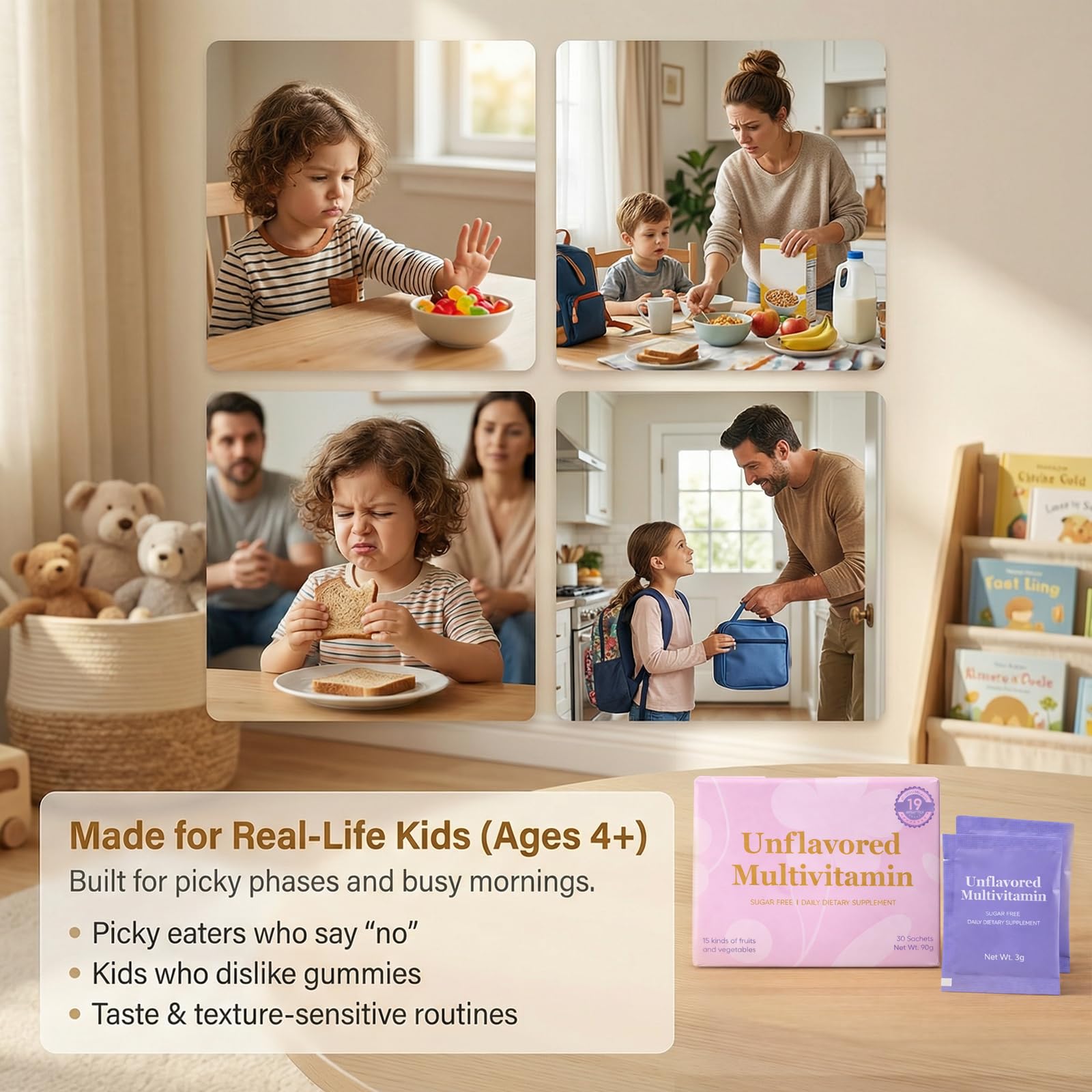 Peehss Vitamin Powder sugar-free formula displayed with measuring stick