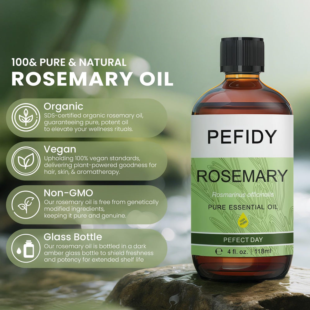 Pefidy rosemary oil shown with diffuser offering uplifting herbal aroma