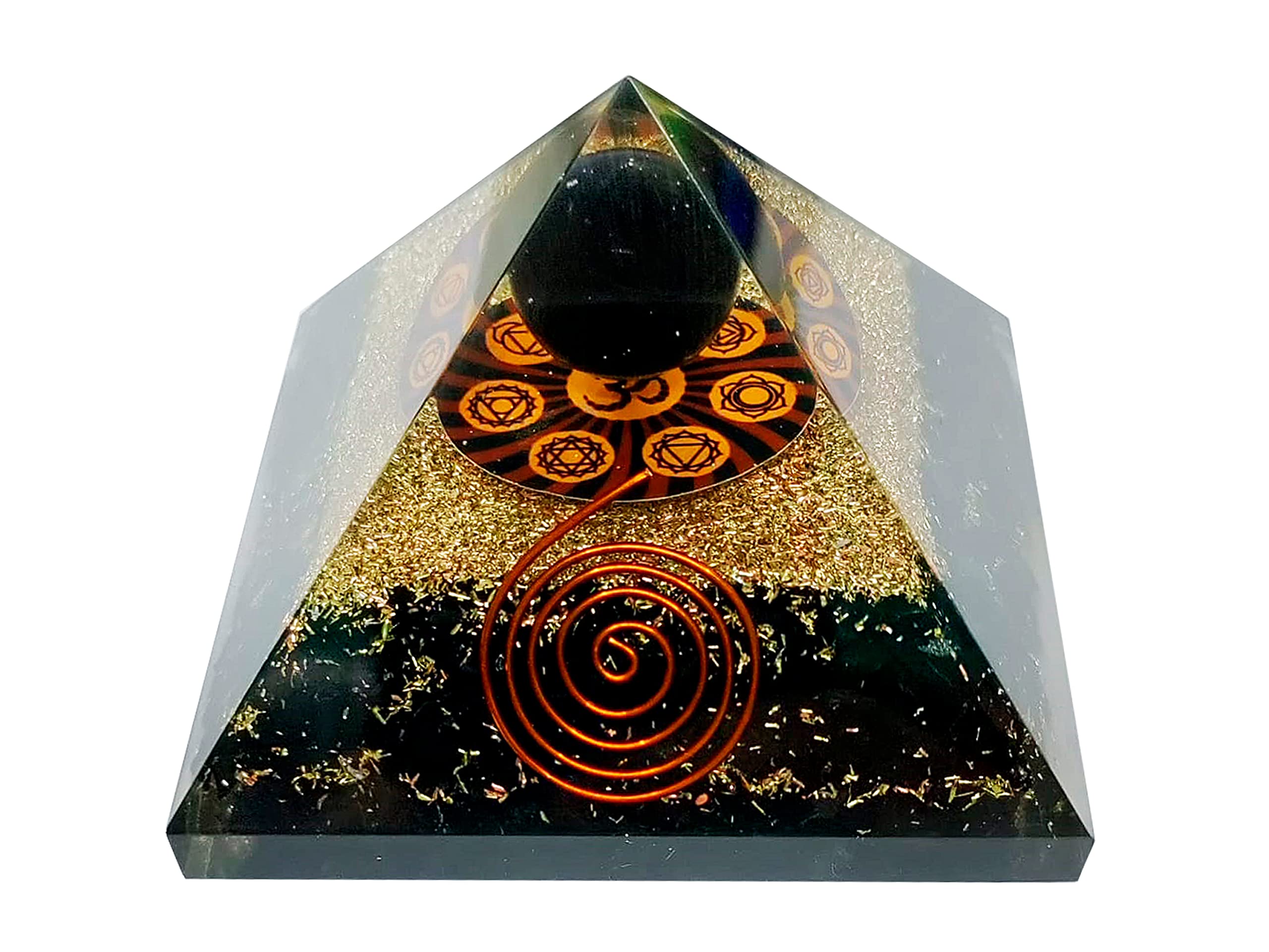 Pele Productions Shungite Orgone Pyramid with tourmaline sphere supports focus and peaceful energy