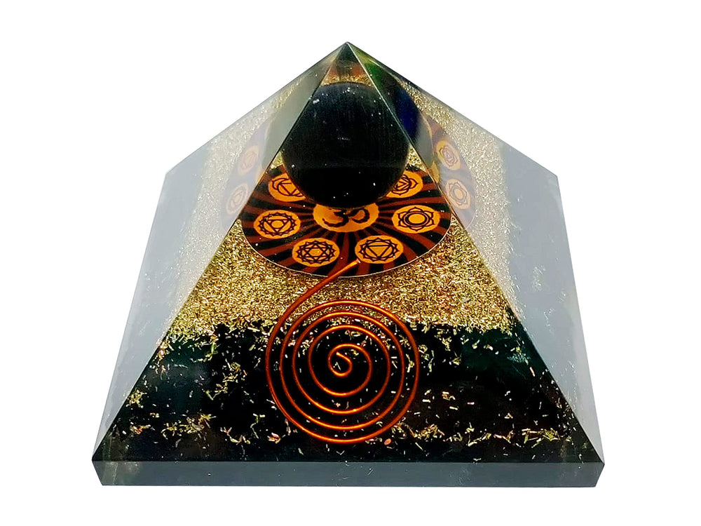 Pele Productions Shungite Orgone Pyramid with tourmaline sphere supports focus and peaceful energy