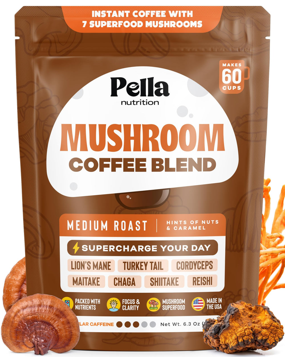 Pella Nutrition Mushroom Coffee bag showing premium blend for focused mornings.