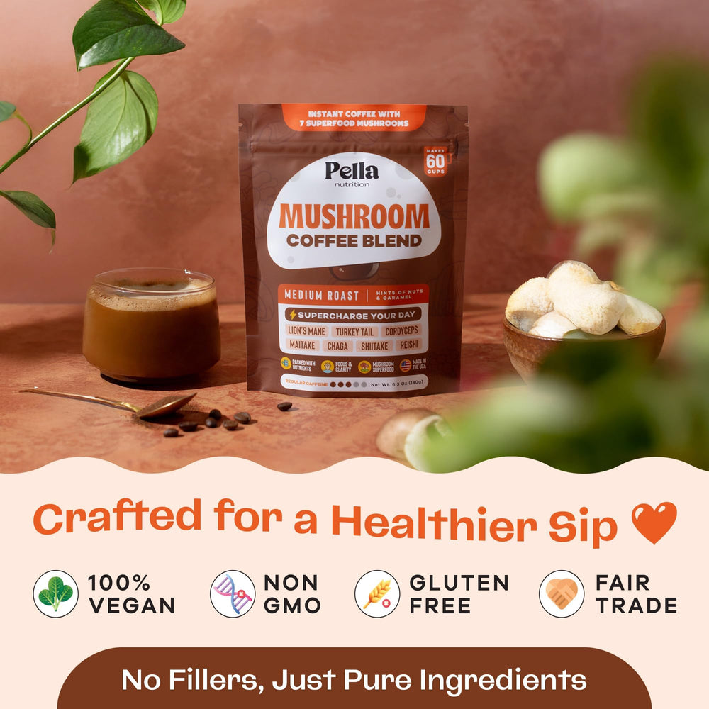 Pella Nutrition Mushroom Coffee brewed cup ready for steady energy.
