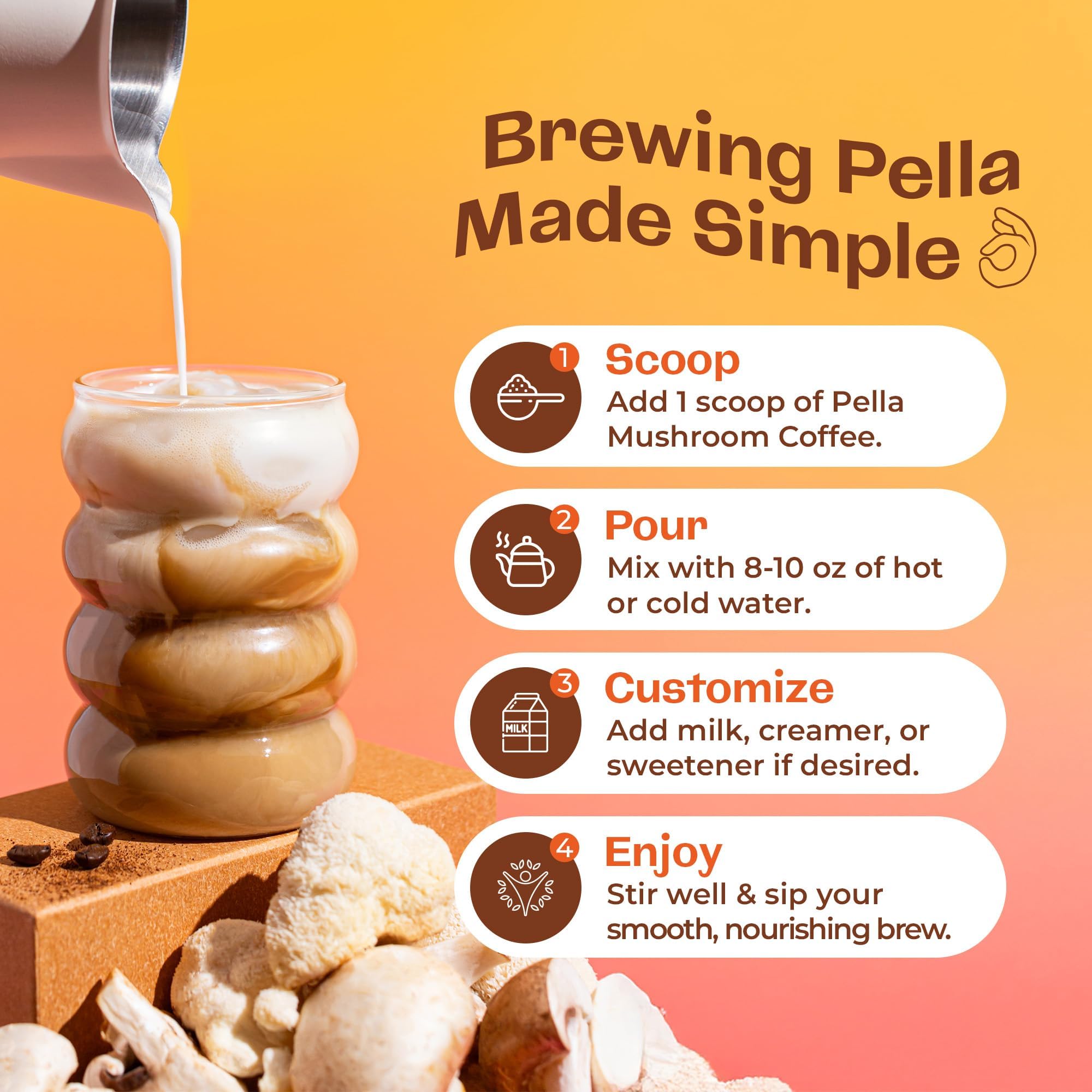 Pella Nutrition Mushroom Coffee mug with steam for a calm, focused study session.