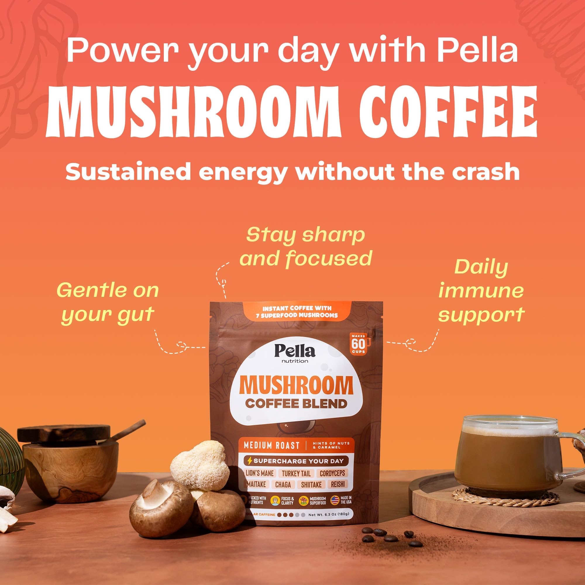 Pella Nutrition Mushroom Coffee package close-up highlighting seven-mushroom blend.
