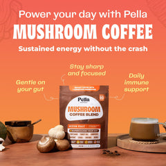 Pella Nutrition Mushroom Coffee package close-up highlighting seven-mushroom blend.