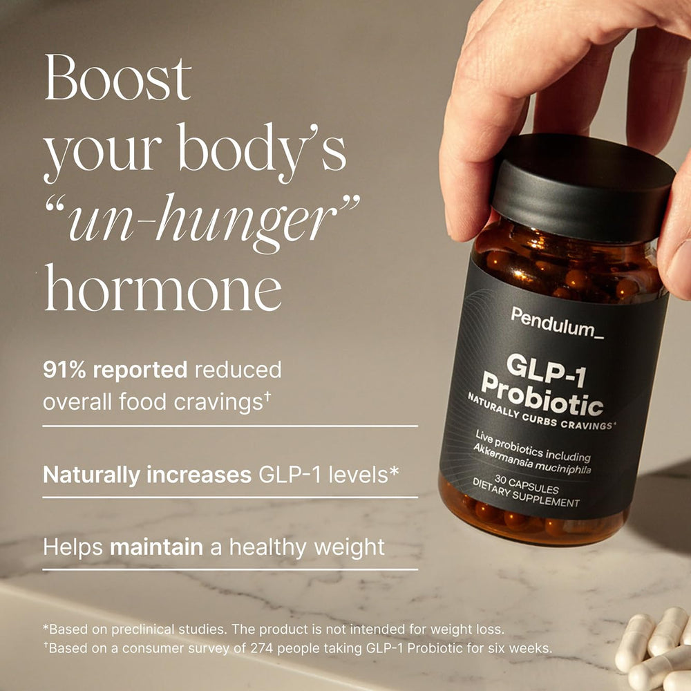 Pendulum GLP-1 Probiotic capsules closeup highlighting convenient daily intake.