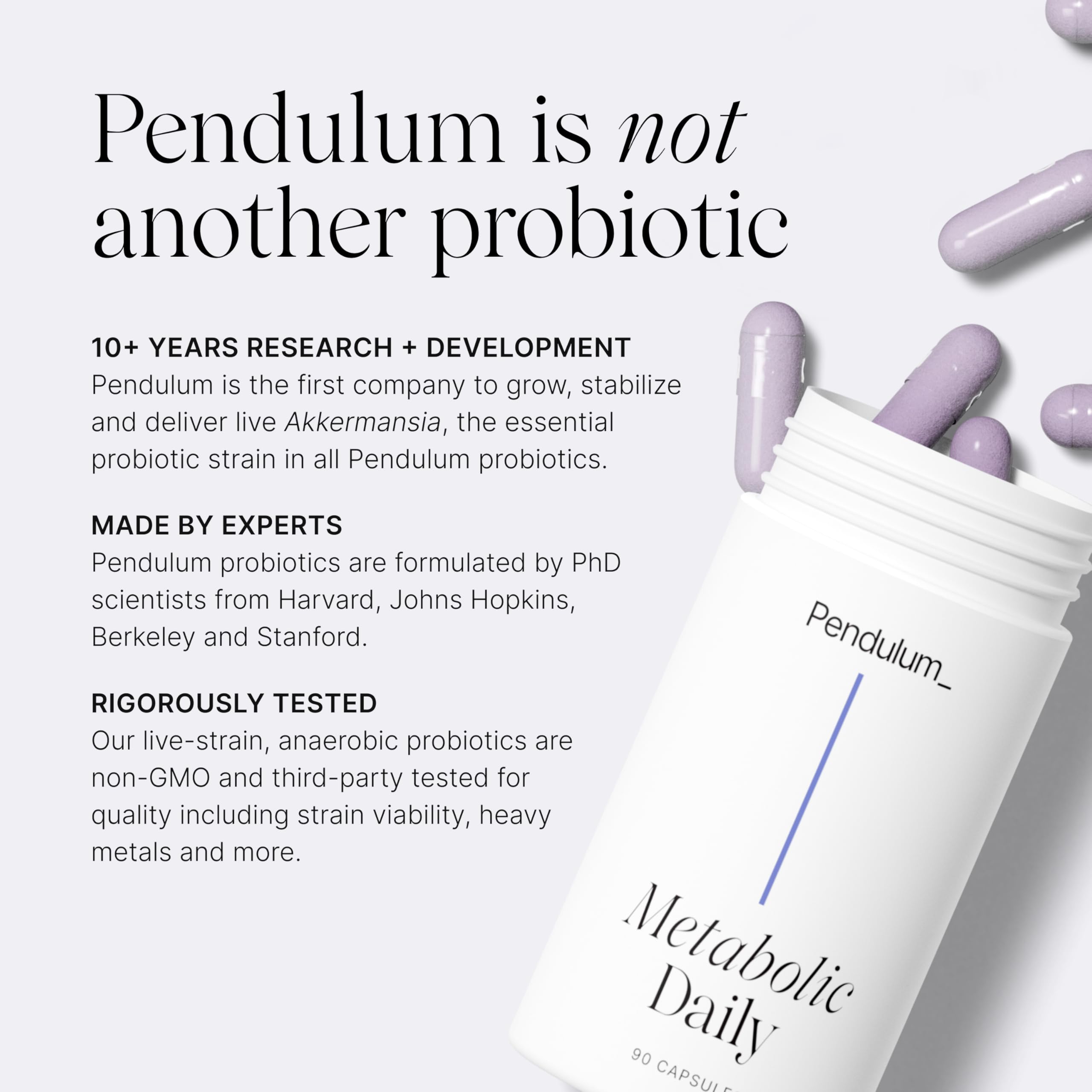 Pendulum Metabolic Daily capsules closeup showing smooth, swallowable capsules.