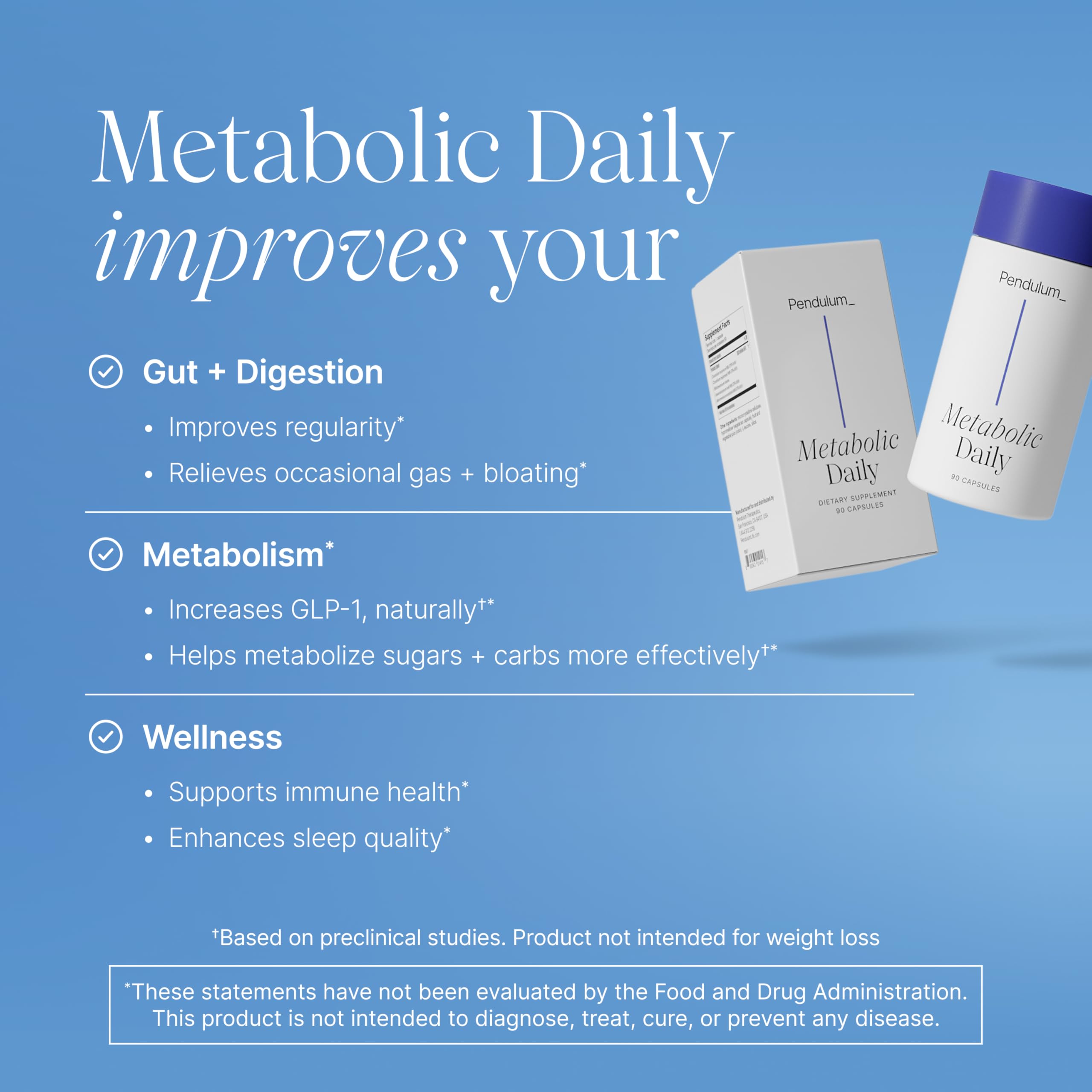 Pendulum Metabolic Daily label detail highlights Akkermansia muciniphila and probiotic blend.