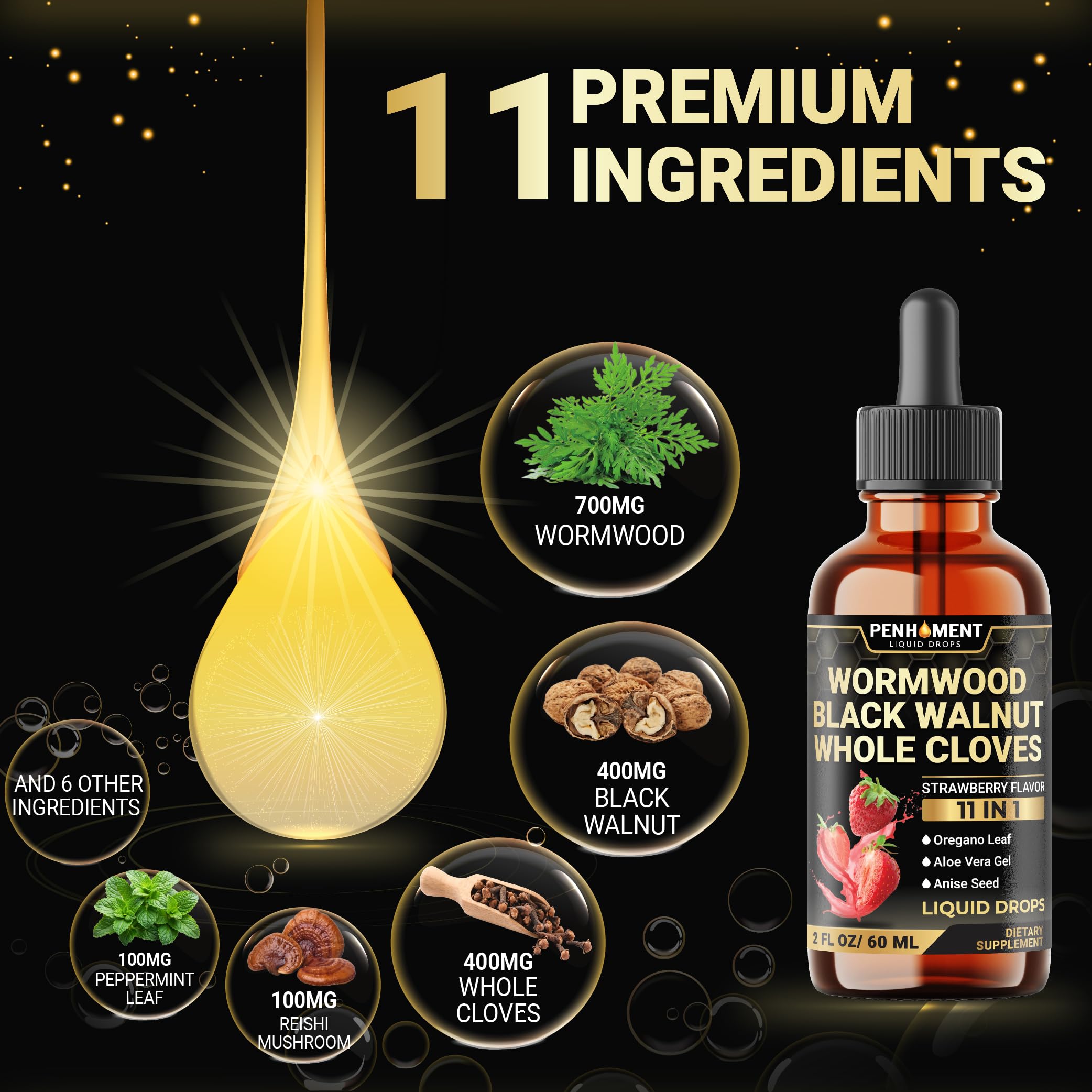 Close-up of Penhoment 11in1 ingredients blend highlighting natural herbs.