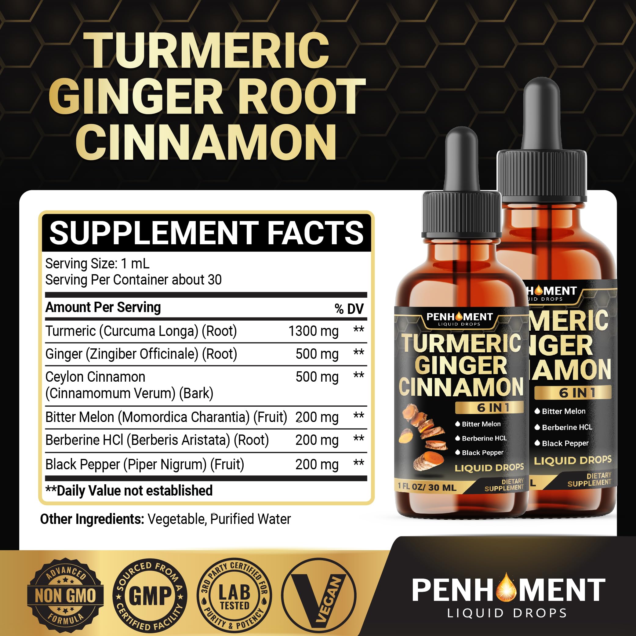 Penhoment turmeric liquid close-up ready to pour for daily use