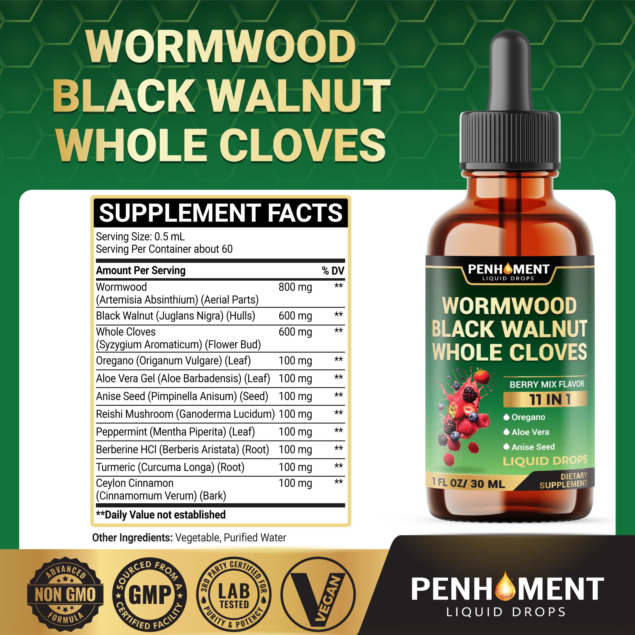 Penhoment berry mix flavor drops shown for convenient daily use.