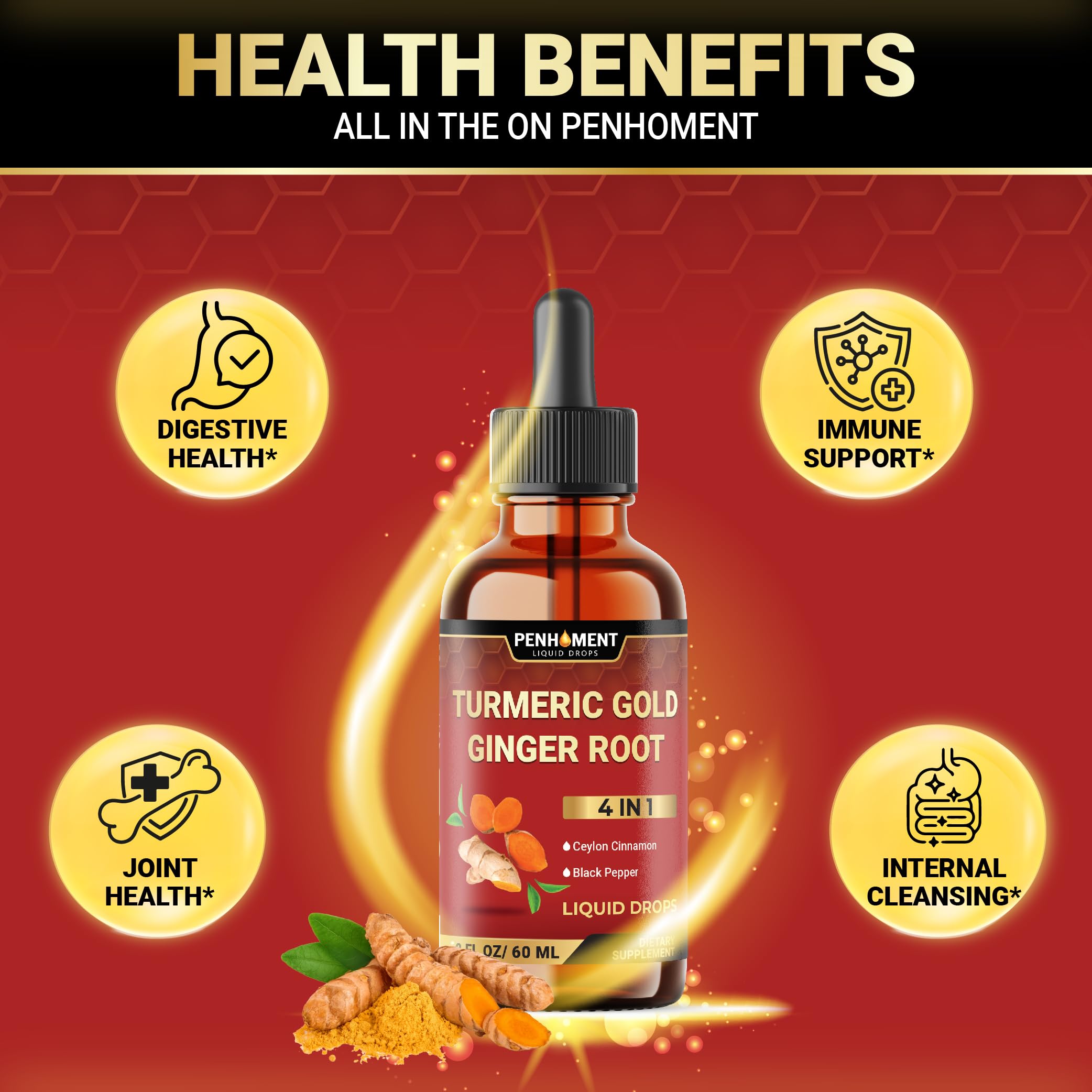 Penhoment black pepper grains illustrate absorption-enhancing properties in a convenient liquid.