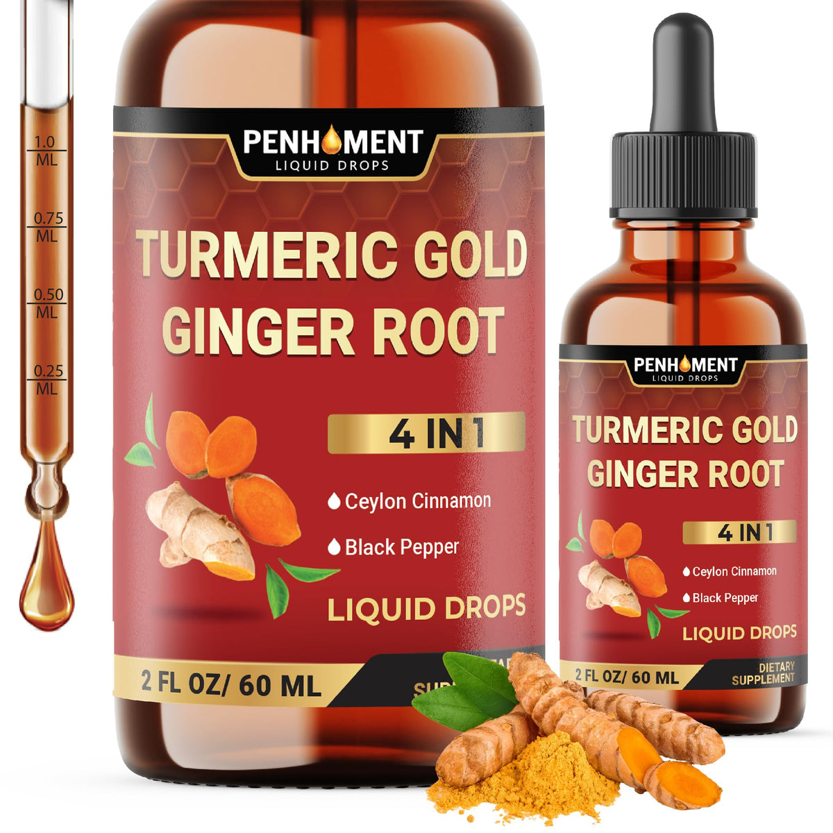 Penhoment bottle close-up showing the 4-in-1 turmeric blend for daily wellness.
