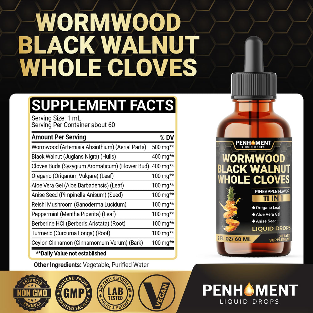 Penhoment pineapple-flavored drops label highlights 2 fl oz bottle for 60 days.