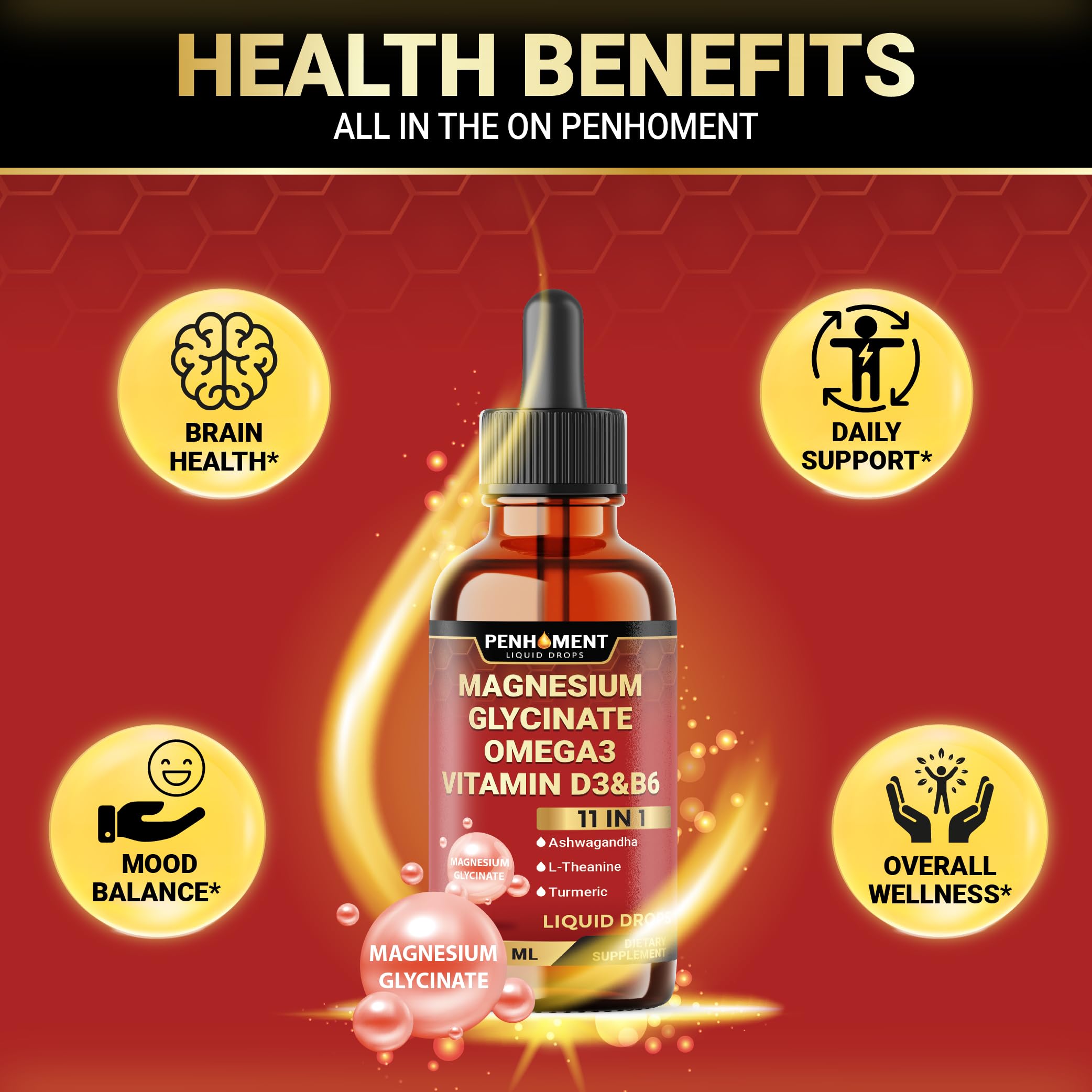 Penhoment L-Theanine and Turmeric drops close-up for gentle calm.