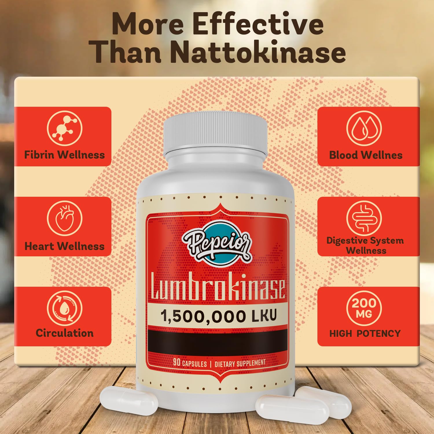 Pepeior Lumbrokinase box with product details and usage notes.