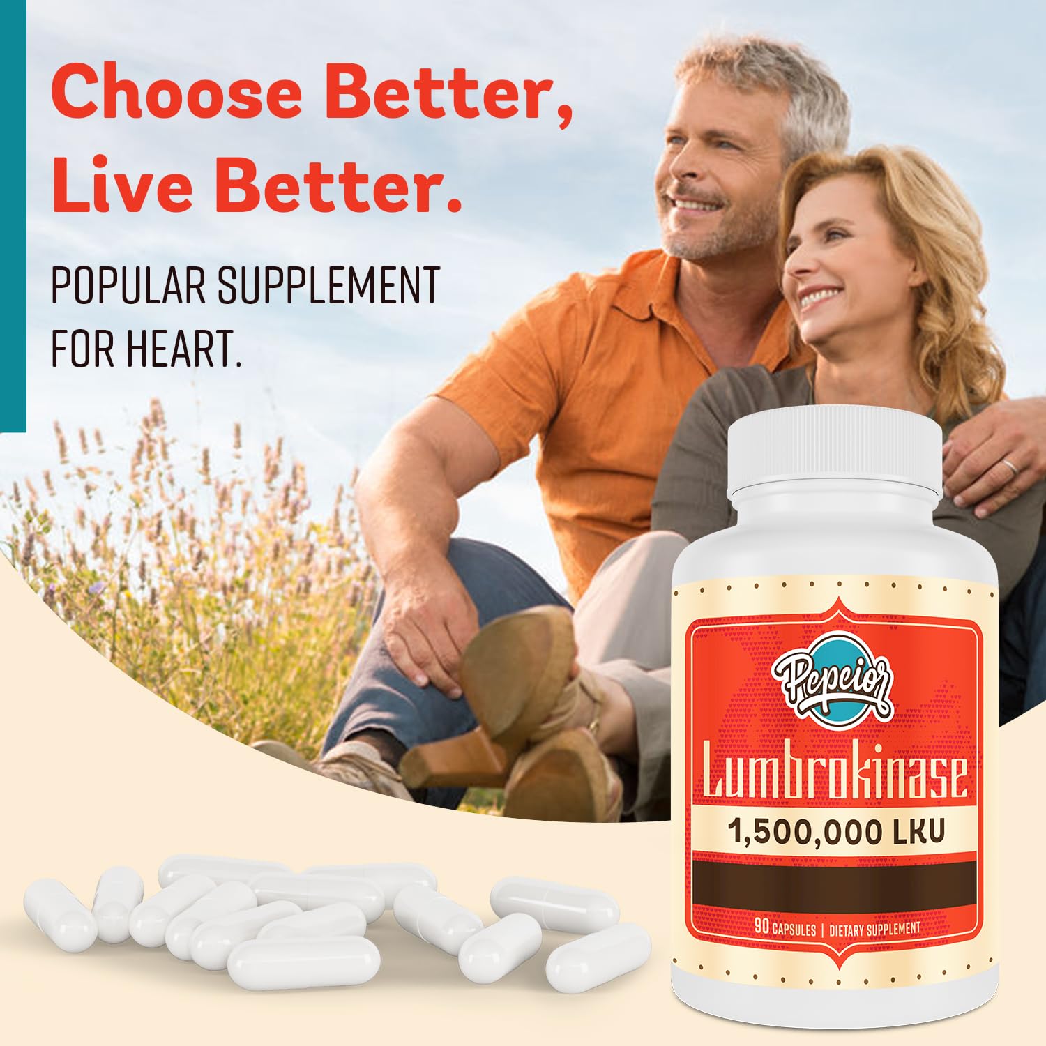 Pepeior Lumbrokinase packaging hero emphasizing 90 capsules for convenient use.