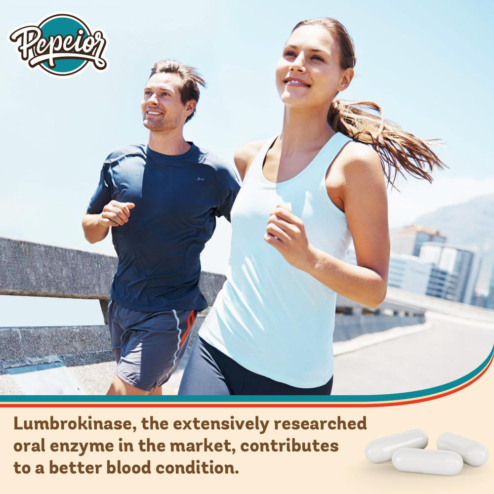 Pepeior Lumbrokinase packaging shows travel-friendly bottle design.