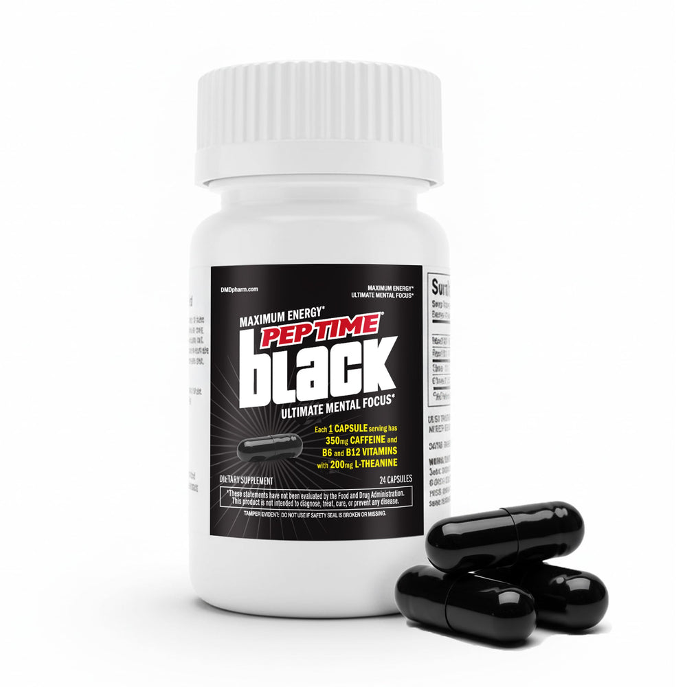 PEPTIME Energy Black 24ct bottle front for sustained focus during long shifts.