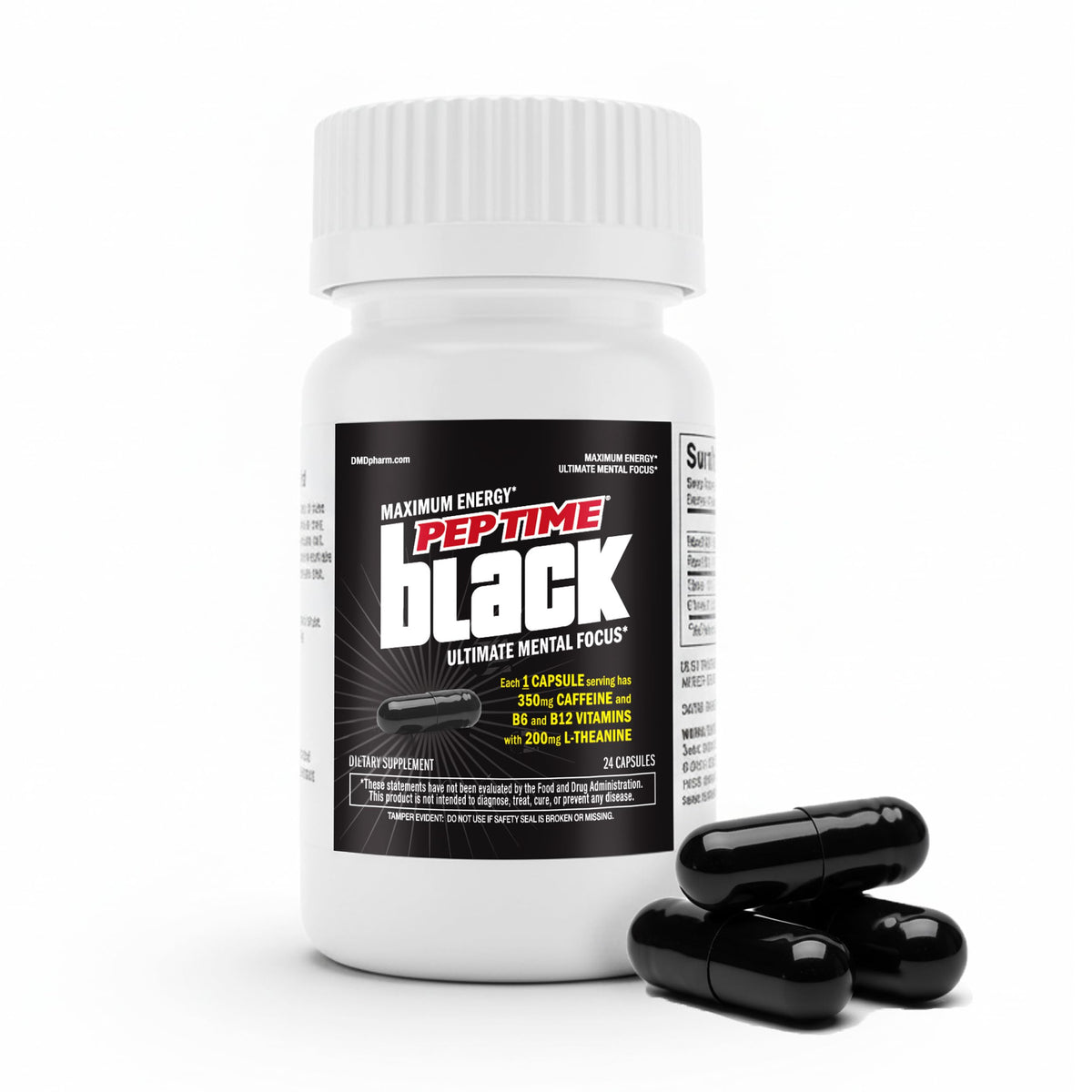 PEPTIME Energy Black 24ct bottle front for sustained focus during long shifts.