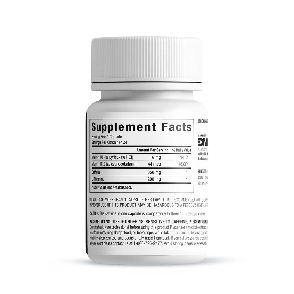 PEPTIME Energy Black 24ct capsules closeup highlighting caffeine and L-Theanine pairing.
