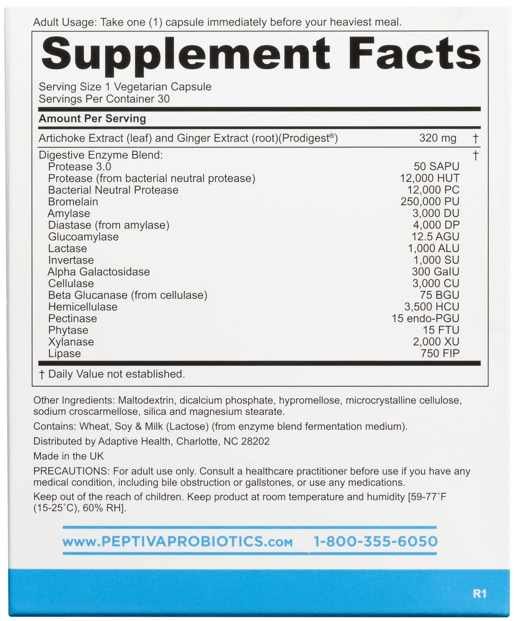 Peptiva Digestive Enzymes label closeup shows Prodigest blend info