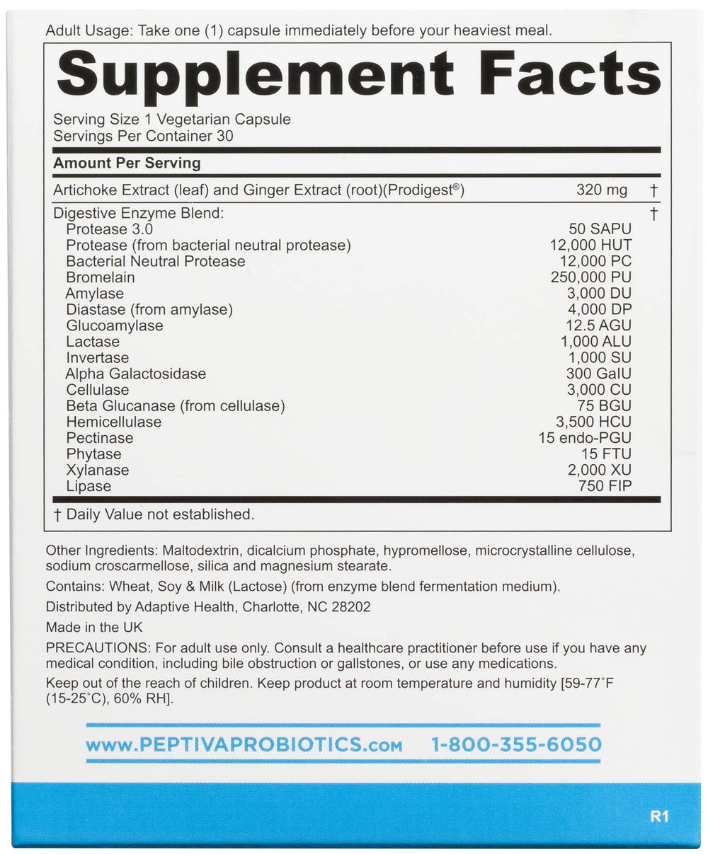 Peptiva Digestive Enzymes label closeup shows Prodigest blend info