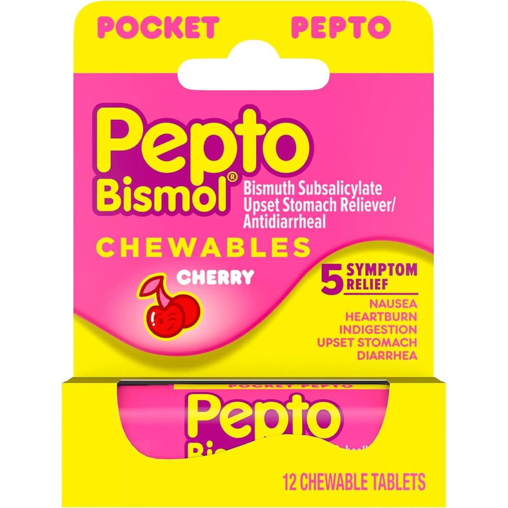 Pepto To Go Cherry Chew bottle pouring for on-the-go relief.