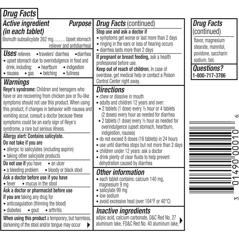 Pepto To Go Cherry Chew ingredients label with 262 mg.