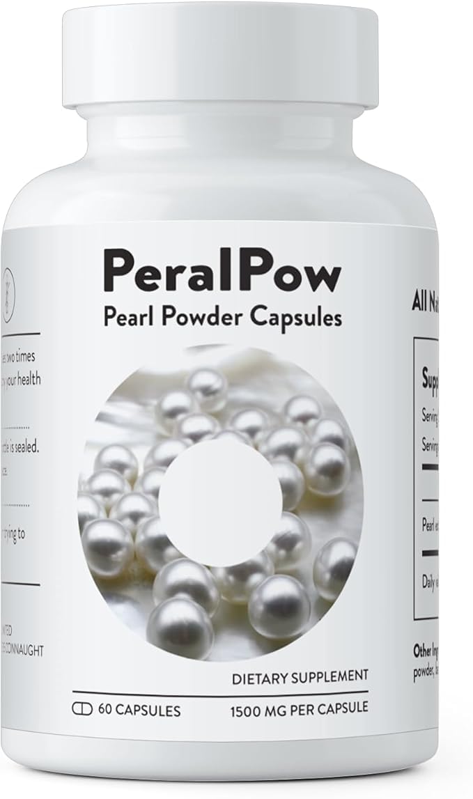 Peralpow organic pearl powder capsules 1500mg on shelf highlighting skin benefits