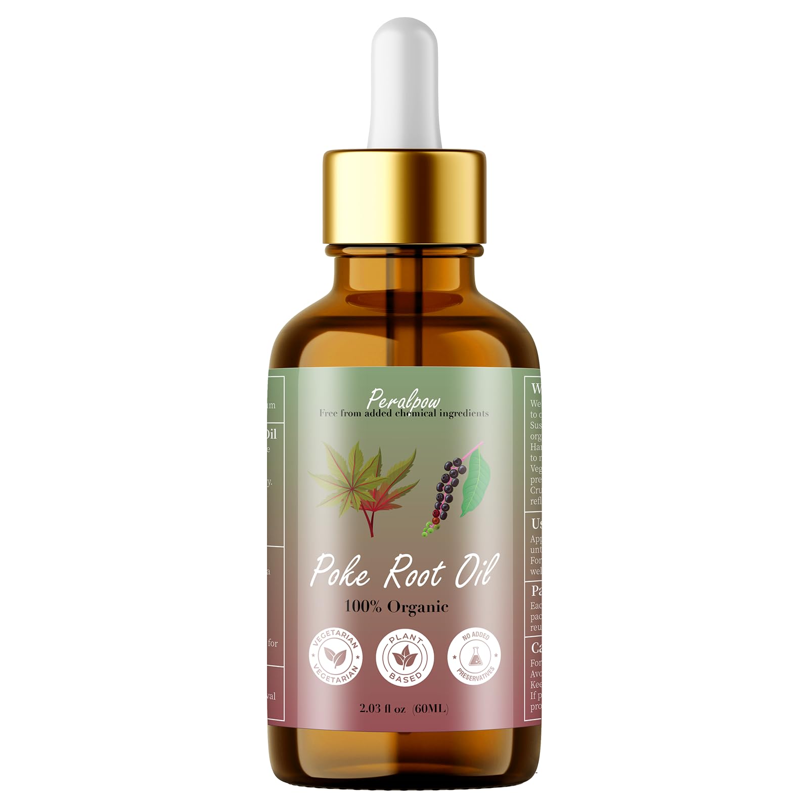 Peralpow Organic Poke Root Castor Oil bottle highlights rich herbal blend for daily use.