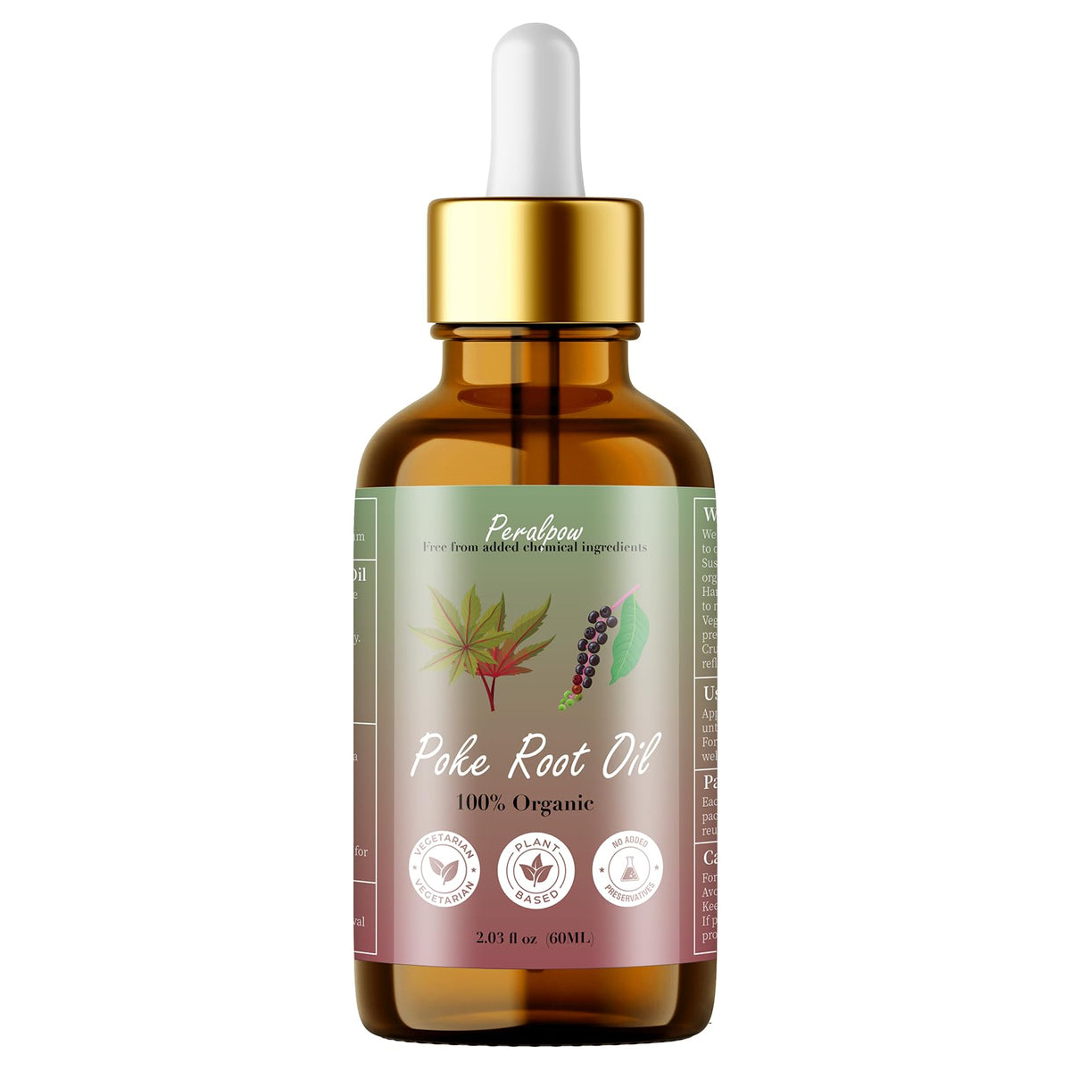 Peralpow Organic Poke Root Castor Oil bottle highlights rich herbal blend for daily use.